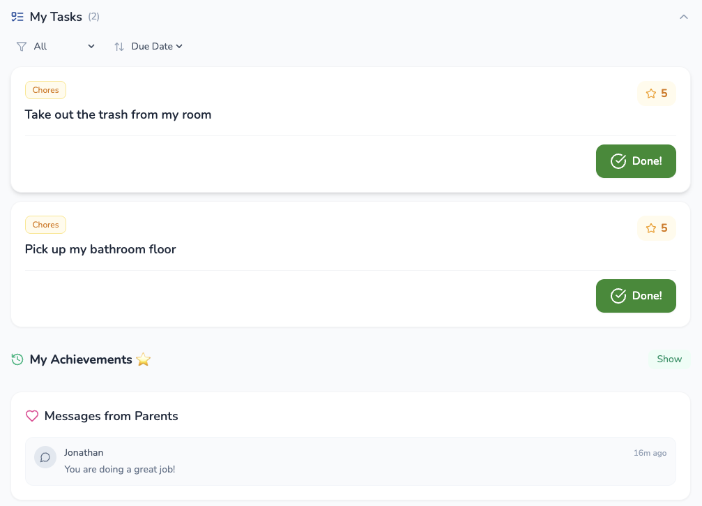 Kid task view showing tasks with points and achievements