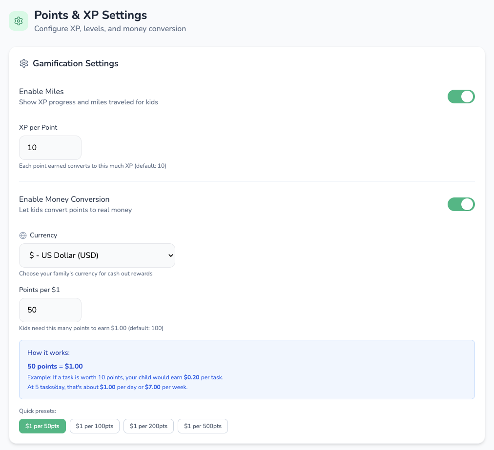 Points and XP settings configuration
